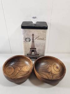 lot 332 image: Handcrafted Wooden Bowl Set with Paris Themed Storage Container