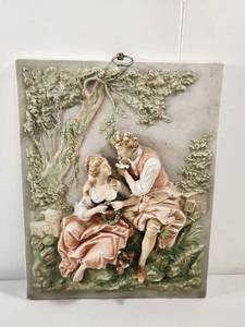 lot 334 image: Capodimonte Hand Painted Relief Plaque Romantic Couple Scene