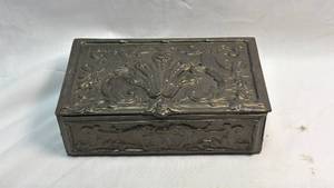 lot 9 image: Ornate Vintage Metal Jewelry Box with Floral Relief Design