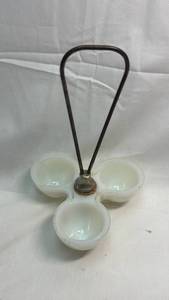 lot 45 image: Milk Glass Three-Bowl Condiment Serving Caddy with Metal Handle