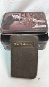 lot 136 image: Elvis Presley Memorabilia Tin with New Testament Bible Signed By Elvis Presley
