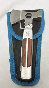 lot 177 image: Multi-Tool Hatchet with Wood Handle and Nylon Sheath
