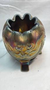 lot 228 image: Carnival Glass Fine Cut and Roses Pattern Rose Bowl with Black Interior