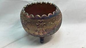 lot 229 image: Carnival Glass Bowl with Floral Pattern and Three Feet