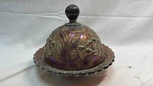 lot 234 image: Carnival Glass Covered Butter Dish with Cherry Pattern