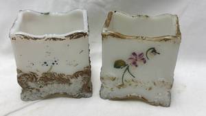 lot 242 image: Hand Painted Milk Glass Planters with Gold Trim Set of 2