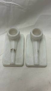 lot 245 image: Vintage White Milk Glass Pipe Smoking candle Stands Set of Two
