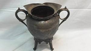 lot 293 image: Decorative Metal Vessel with Tripod Stand and Dual Handles