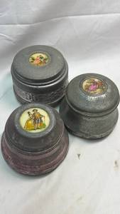 lot 300 image: Pewter Trinket Boxes Set with Hand Painted Porcelain Medallions