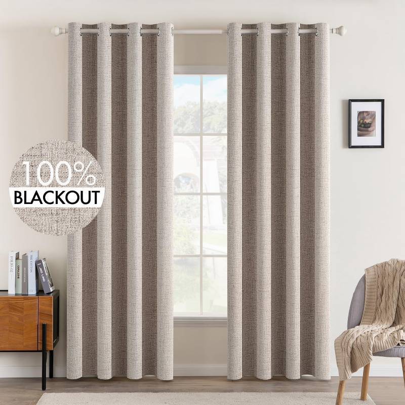 lot 27107 image: Blackout Curtains for Bedroom Polyester Texture Thermal Insulated Natural Khaki Grommet Room Darkening Curtains & Drapes Luxury Decor for Living Room Nursery 52 x 90 Inch (2 Panels) - Retail $45