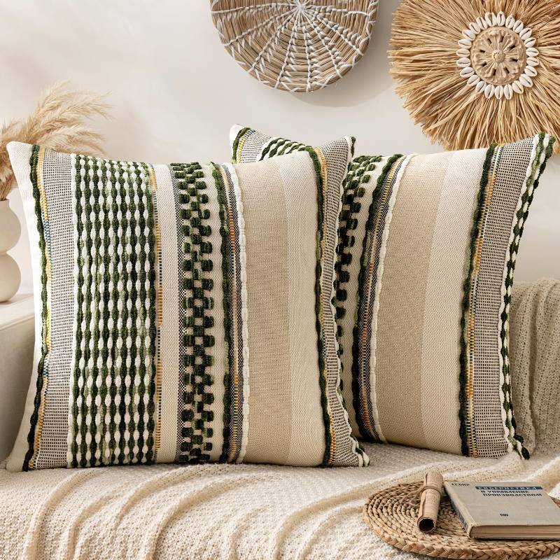 lot 27110 image: Pack of 2 Boho Decorative Throw Pillow Covers 24x24 Farmhouse Cushion Case Striped Chenille Pillow Cases Square Pillow Covers Accent Neutral Pillowcase for Sofa Couch Bed, Olive Green Stripe - Retail $50