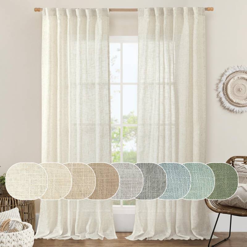 lot 27114 image: 108 inch Linen Curtains for Living Room, Back Tab and Rod Pocket Cream Ivory Extra Long Curtains Light Filtering Neutral Drapes for Large Window, 2 Panels,52 x 108 Inch, 9FT, Natural - Retail $45
