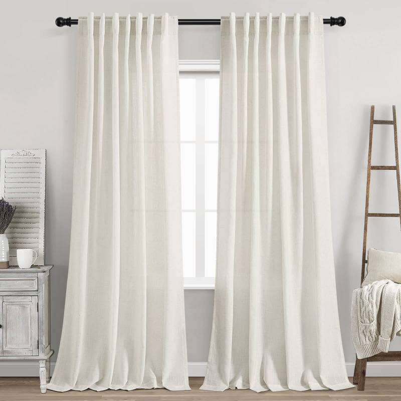 lot 27115 image: Cream Linen Back Tab Curtains 84 Inch Length for Living Room 2 Panel Set Neutral Modern Farmhouse Window Privacy Semi Sheer Linen Drapes Rustic Pinch Pleated Look Curtain Natural Ivory Colored - Retail $14