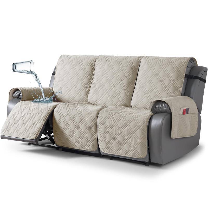 lot 27117 image: 100% Waterproof Recliner Sofa Covers 3 Seater Split Couch Covers for 3 Cushion Reclining Couch with Straps, Non Slip Reclining Couch Covers Furniture Protector for Kids Pets(3 Seater, Cream) - Retail $73