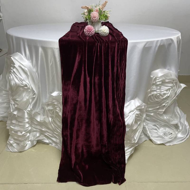lot 27121 image: Burgundy Velvet Table Runner, 11ft Luxurious Wedding Reception Decorations Soft Velvet Fabric, Table Runner Overlay for Wedding Event Table Decorations (Burgundy, 20X132inch,5 Pieces) - Retail $60
