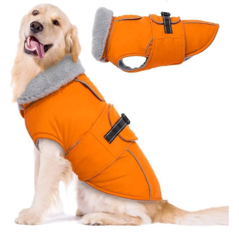 lot 27127 image: Dog Coat Waterproof Dog Jacket Reflective Fleece Vest with Adjustable Buckle & Leash Hole Windproof Cold Weather Coats for Small Medium Large Dogs, Warm Hunting Vest, Orange, XL - Retail $45