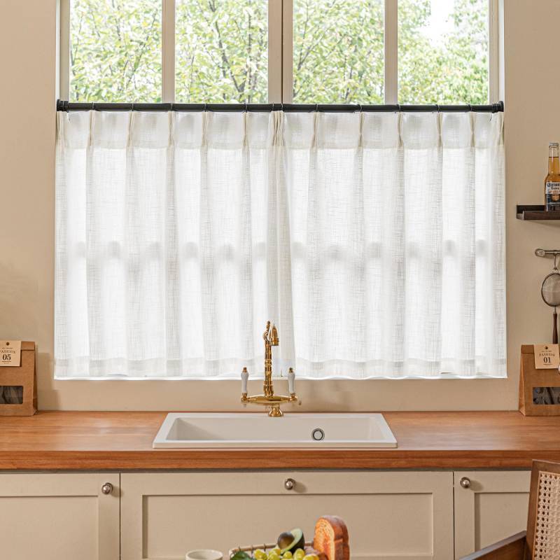 lot 27128 image: Off White Linen Kitchen Curtain 24 Inch Length 2 Panels Set Pinch Pleat Boho Country Farmhouse Short Cafe Curtains Light Filtering Pleated Semi Sheer Small Window Treatment Tiers for Basement Camper - Retail $40