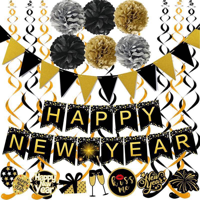 lot 56250 image: Happy New Year Banner Pom poms Triangle flag Swirls Garland Hanging Bunting for Happy New Year Party Decorations - Retail $7