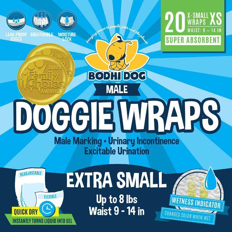 lot 56264 image: Bodhi Dog Disposable Male Dog Diapers - Super Absorbent, Leak-Proof Pee Wraps - Adjustable Fit, Comfortable Design, Advanced Moisture Control, and Wetness Indicator - Extra Small (20 Count) - Retail $15