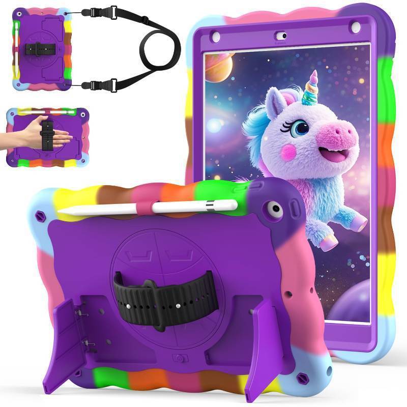 lot 56283 image: Case for iPad 9th Generation Case  8th Gen  7th Gen 10.2 Inch 2021 2020 2019, Heavy Duty Cover with Pencil Holder 360° Rotate Strap & Stand, Camouflage Purple - Retail $21