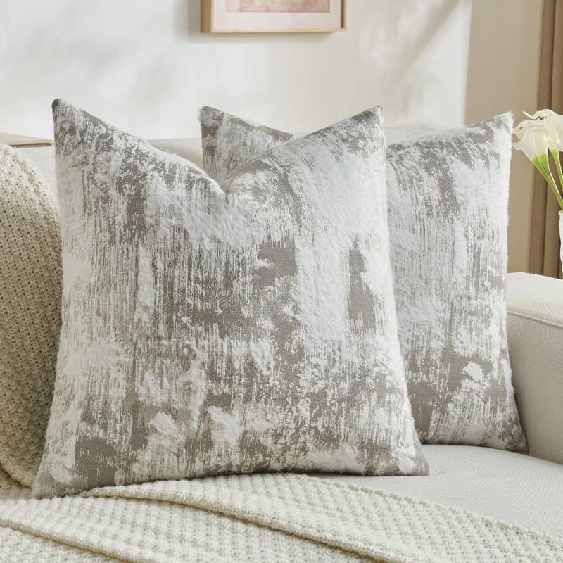 lot 56288 image: Grey White Decorative Throw Pillow Covers 22x22 Inch Set of 2,Jacquard Weave Cushion Case in Soft Faux Cashmere, Modern Home Decor for Couch Living Room - Retail $35