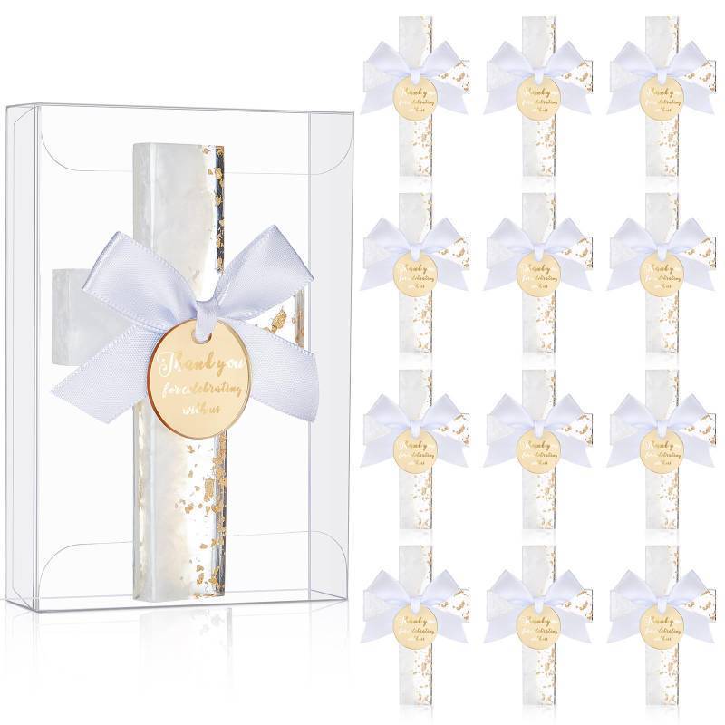 lot 56349 image: 12 Sets Baptism Favors for Guests Gold White Epoxy Cross Magnet First Communion Cross Magnet with Tag Acrylic Box Christian Easter Gift for Christening Baby Shower Party Family Gathering - Retail $26