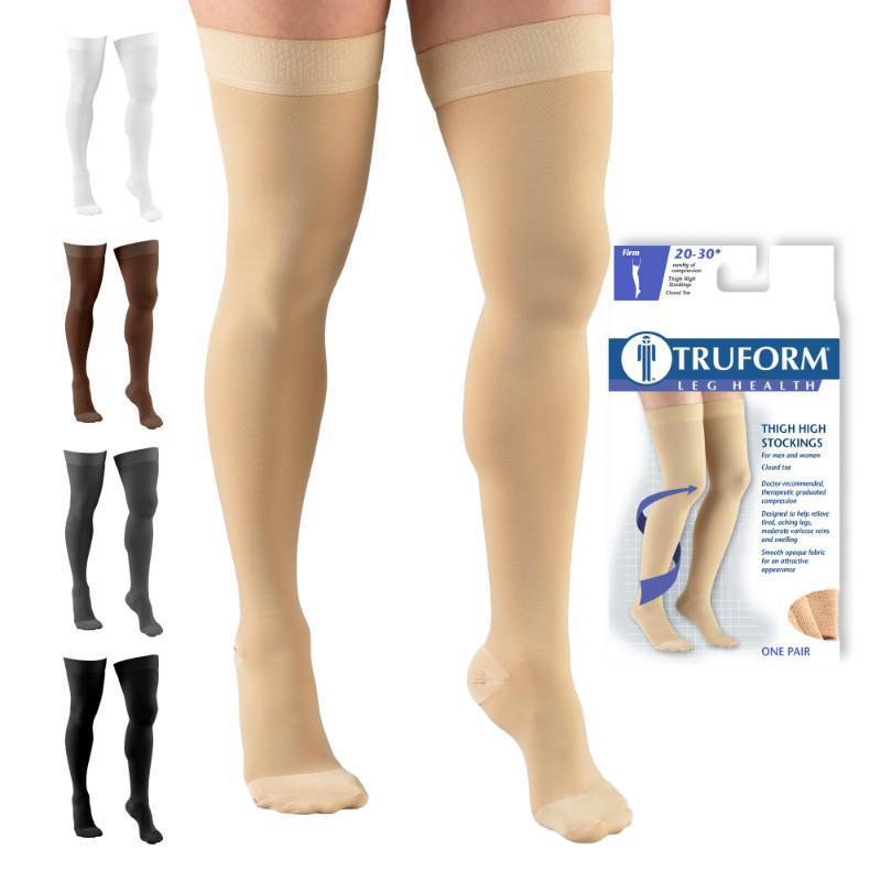 lot 56856 image: Truform 20-30 mmHg Compression Stockings for Men and Women, Thigh High Length, Dot Top, Closed Toe, Beige, Large  - Retail $25