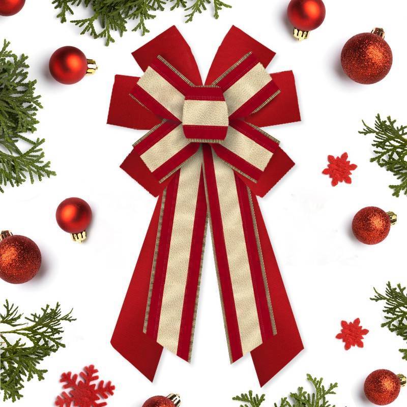 lot 57023 image: Large Christmas Bows for Wreath, Christmas Wreath Bow Glitter Gold Red Velvet Bow Winter Xmas Tree Bows Ornaments for Front Door New Year Christmas Party Decoration Supplies - Retail $8