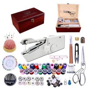 lot 46104 image: Handheld Sewing Machine, with Elegant Wooden Sewing Box and 153-Piece Sewing Kit, Mini Portable Cordless Hand held Sewing Machine, Perfect for Adults, Beginners, and Quick Home Repairs - Retail $49