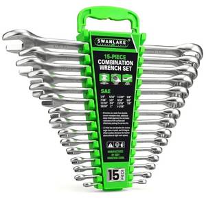 lot 46107 image: 15-Piece SAE Wrench Set, V Notch Premium Combination Wrench Set, SAE 14 to 1-116, Max Torque, 12-Point, Chrome Vanadium Steel, with Storage Rack - Retail $27