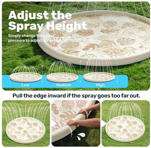 lot 46118 image: Splash Pad Sprinkler Mat - 6ft Tropical Leaves Outdoor Water Play Toys for Kids Dogs, Backyard Party in Summer Decor Outside Water Games Fountain Pool Children Boys Girls Toddlers - Retail $33