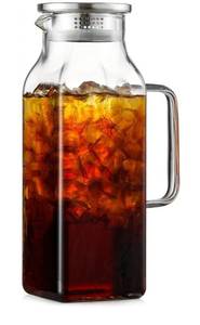 lot 46119 image: 1 Liters68 oz Square Glass Pitcher with Lid and Handle for Fridge, Iced Tea and Coffee Carafe Beverage Serveware, Heat Resistant Borosilicate Water Jug for HotCold Drinks and Milk - Retail $17