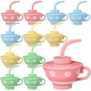 lot 46123 image: 12 Pieces Plastic Tea Cups with Lids and Straws for Kids Tea Party 9 oz Reusable Disposable Party Teacups Bulk for Spring Birthday Baby Shower Princess Decorations - Retail $31