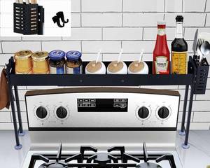 lot 46131 image: Over Stove Spice Shelf for Kitchen Spice Rack Organizer with Extra Black Basket and Hooks Great for Stove Top Shelf - Retail $33
