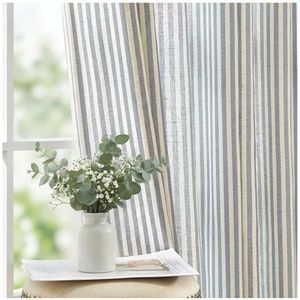 lot 46136 image: Linen Curtains for Living Room Blue on Beige Striped Curtains for Bedroom Ticking Stripe Pattern Light Filtering Farmhouse Cottage Core Rustic Grommet Window Treatment 96 inches Long 2 Panels - Retail $45