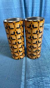 lot 3028 image: Mid Century Modern Orange Floral Drinking Glasses Set of 2