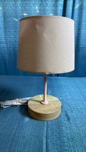 lot 8012 image: Kids Table Lamp with Wood Base and Light Pink Fabric Shade