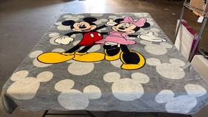 lot 8072 image: Disney Mickey Mouse and Minnie Mouse Plush Throw Blanket with Gray Background and Mirrored Image on Back Side