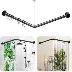 lot 5521 image: L-Shaped Shower Rod 23-53 Adjustable, 90  Black  12 Hooks