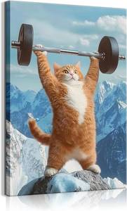 lot 5591 image: Cat Lifting Barbell Wall Art - Funny Animal Decor, 16x24