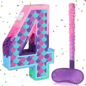 lot 5742 image: Mermaid Number 4 Pinata with Stick & Blindfold for 4th Birthday