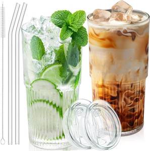 lot 5798 image: Luiaiog 18.5oz Glass Cups with Lids & Straws - Set of 2, Elegant