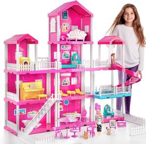 lot 5842 image: $90 JUKUDAHU Pink Villa Playset, 4-Story House with 2 Dolls