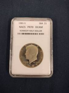 lot 59513 image: 1981-S Kennedy Half Dollar proof coin certified as PR70 DCAM