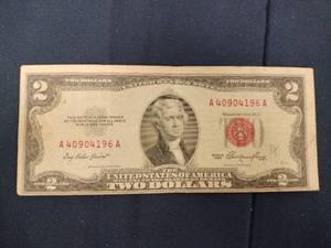 lot 59692 image: Vintage 1953 2 Dollar Bill Red Treasury Stamp with Off Center Error Cut