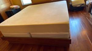 lot 104 image: King size Tempur-Pedic mattress, Danish teak headboard with storage, bed frame with drawers and box springs great condition