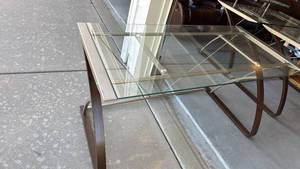 lot 305 image: Metal and tempered glass top desktable 30x55x28 located in garage