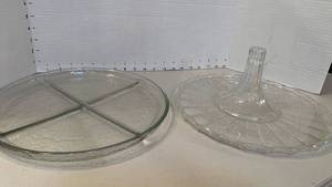 lot 1115 image: Clear Glass Divided Serving Dish and glass cake plate (needs to be glued)