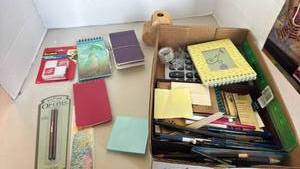 lot 1413 image: Mixed Office Supply and Stationery Lot with Notebooks, Pens, and Calculator