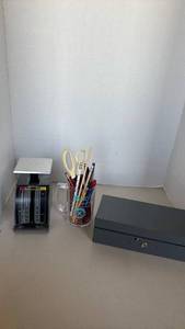 lot 1415 image: Metal Cash Box with Key Lock and Compartments, scale and more